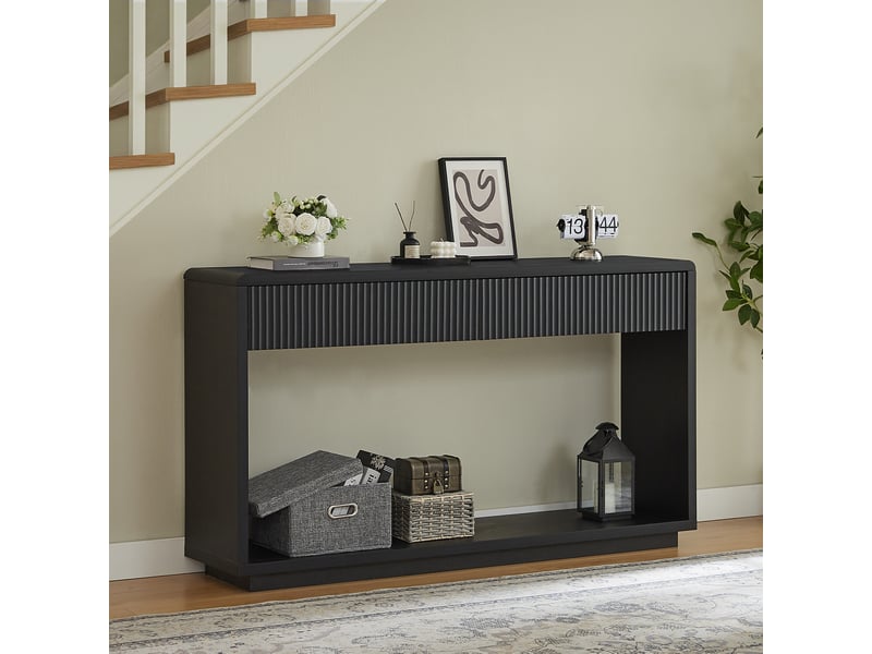  Console d’entrée moderne 150 cm noir charbon avec 2 tiroirs et étagère ouverte  - Conforama B