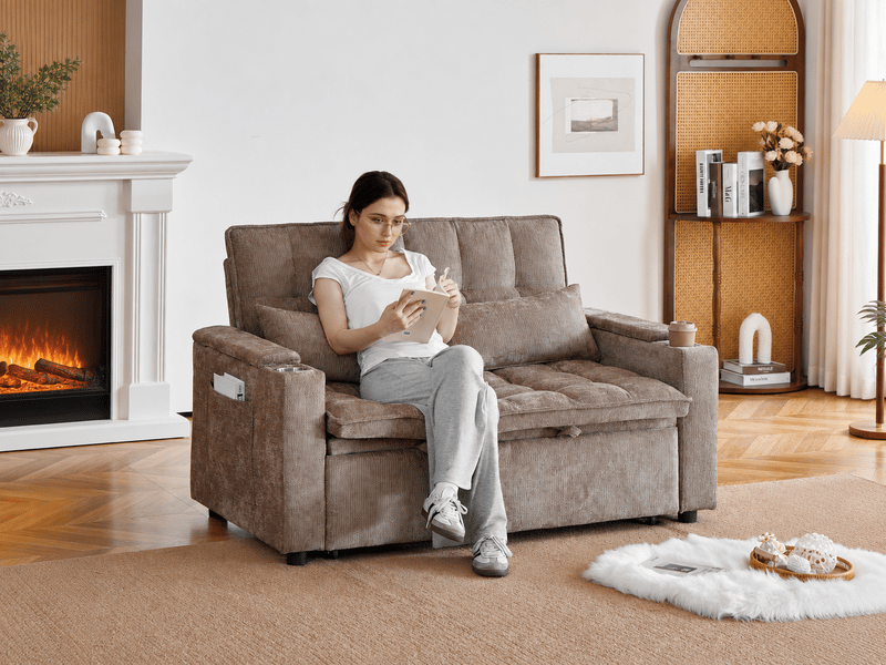  Canapé convertible 3-en-1 142 cm en chenille, lit gigogne, rangements, porte-gobelets et coussins, marron, design actuel  - Conforama B