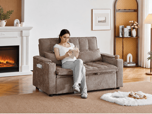 Canapé droit convertible <strong>BIQZUYA</strong> <strong></strong> 2 places Tissu marron avec coffre de rangement