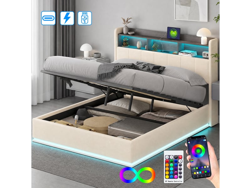  Lit coffre 140x200 cm avec led,usb et type-c, lit adulte avec sommier à lattes, lit double moderne, blanc,velours  - Conforama B
