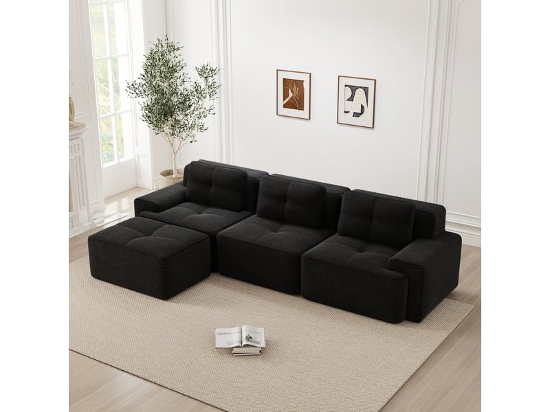  Canapé d'angle, canapé modulable : sans montage, avec pouf, en velours tricoté, 3 places, noir, sans cadre, style cloud  - Conforama C