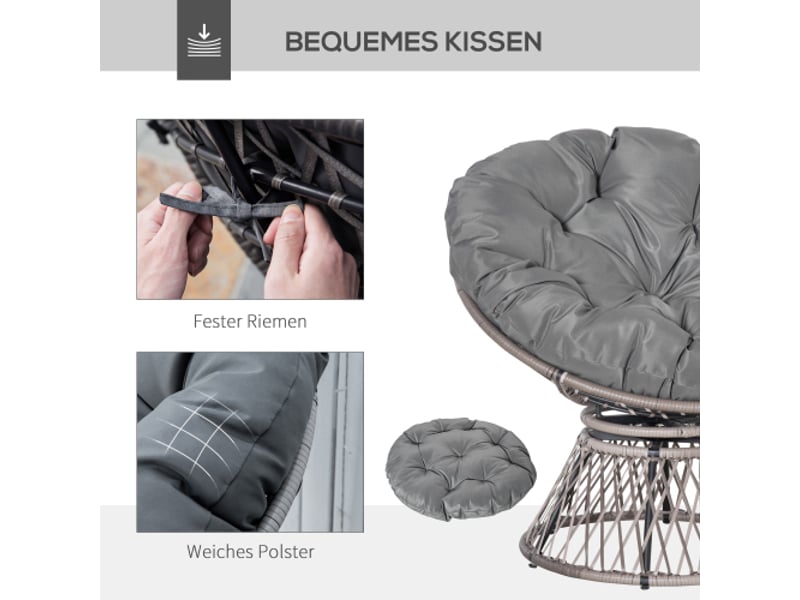 Fauteuil papasan outsunny gris en rotin, coussin, pivotant à 360°, 87x97x86 cm, jardin et salon - Conforama E