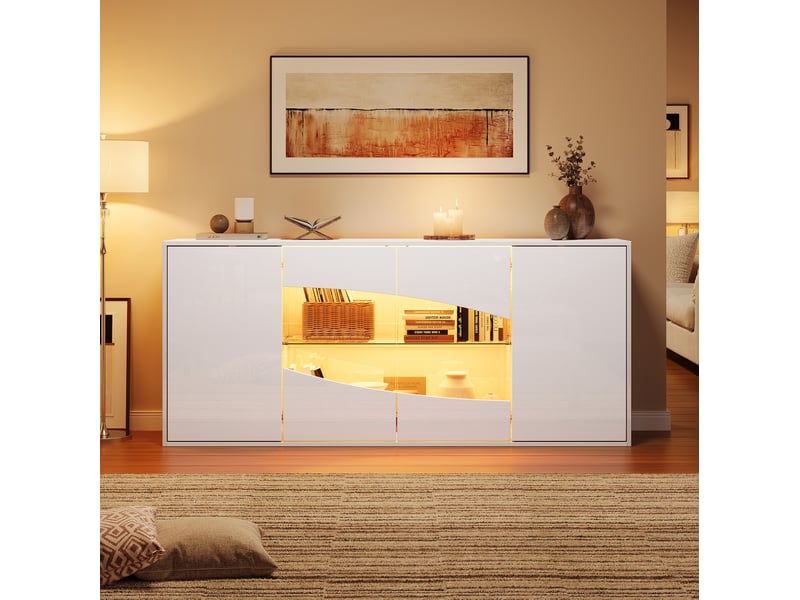  Buffet de rangement 160x35x70 cm à 4 portes avec éclairage led rgb, mdf, coloris blanc haute brillance, design moderne  - Conforama B