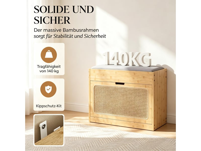  Banc de rangement à chaussures avec assise rembourrée - lpospi - étagères réglables, porte en rotin, bambou naturel  - Conforama E