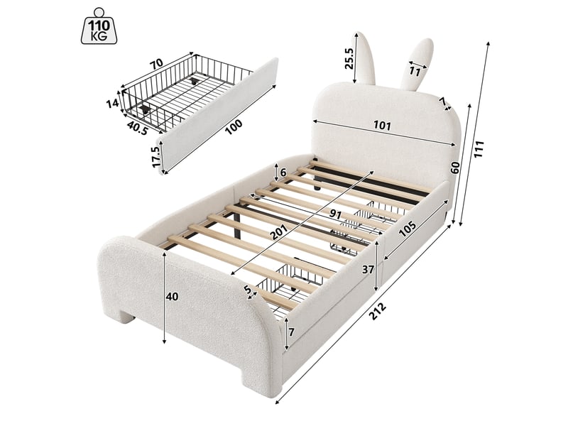  Lit enfant 90x200 cm avec tiroirs, tête de lit lapin rembourrée blanche  - Conforama C