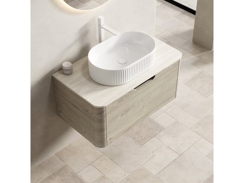 Meuble sous vasque suspendu avec 1 tiroir à fermeture douce et lavabo ovale en céramique pour salle de bain beige - Conforama B