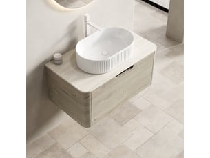 Meuble sous vasque suspendu avec 1 tiroir à fermeture douce et lavabo ovale en céramique pour salle de bain beige