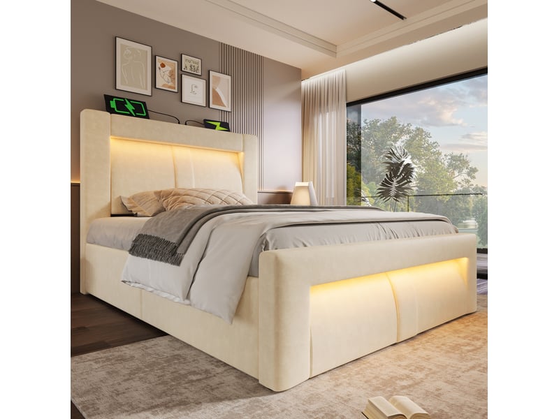  Modenvie lit coffre 90x200 cm - avec rangement, led et ports usb-c, avec matelas - beige  - Conforama E