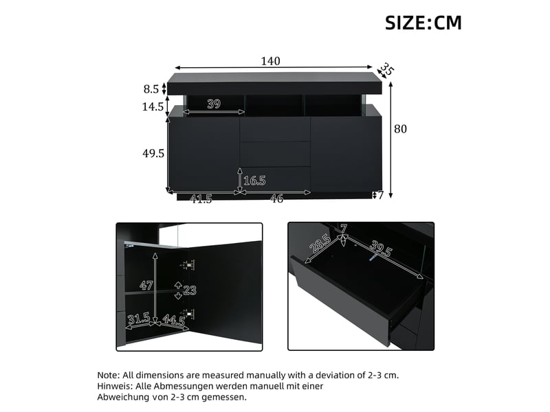  Buffet noir 140x35x80 cm, meuble de rangement moderne avec 3 tiroirs intégrés et 2 portes pour salle à manger  - Conforama C