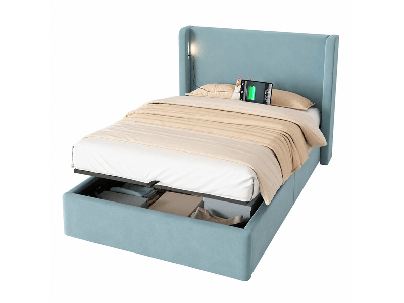  Lit coffre enfant 90x200 cm, sommier inclus, ouverture hydraulique, led, usb et type-c, velours bleu, sans matelas  - Conforama A