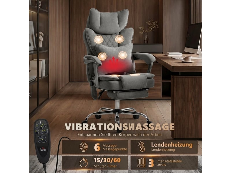  Fauteuil de massage - fauteuil de bureau avec fonction massage et chauffage, supportant jusqu'à 180 kg, réglable, aspect lin, gris  - Conforama E