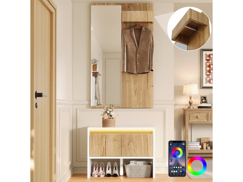 Portemanteau avec banc et rangement 60 x 145 cm en panneau de particules blanc et naturel - Conforama B