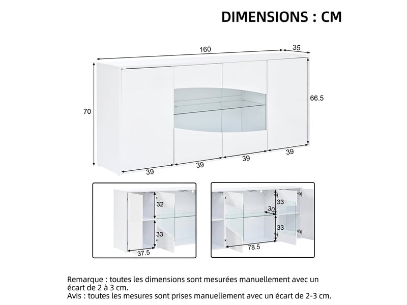  Buffet blanc laqué 160 cm avec éclairage led rgb, 4 portes dont 2 vitrées, 6 compartiments  - Conforama C