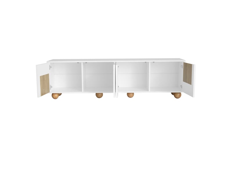  Meuble tv avec portes - 175x38x50 cm - naturel - blanc - mdf - quatre portes - pieds en bois ronds  - Conforama W