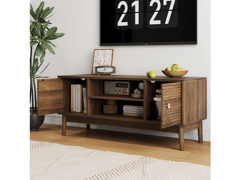 Meuble tv 110x40x48 cm avec grand rangement, banc tv de salon et bureau, 2 portes, structure mdf, coloris noyer élégant - Conforama D