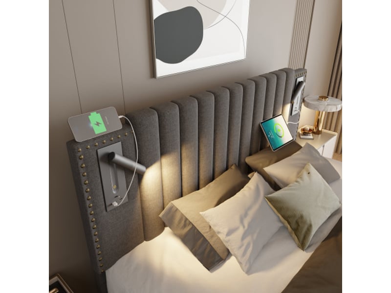  Lit capitonné 140x200 avec coffre, liseuse usb, tête à clous, sommier et matelas inclus - coton gris  - Conforama D