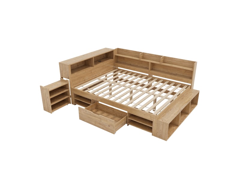  Lit double 140x200cm lit enfant adulte avec table de chevet caché étagères de rangement tiroir charge sans fil ports usb, naturel  - Conforama R