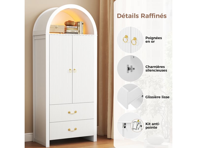 Vaisselier haut 76x38x180 cm, led par application, 2 portes, 2 tiroirs, niche cintrée, façade rainurée, rangement - blanc  - Conforama D