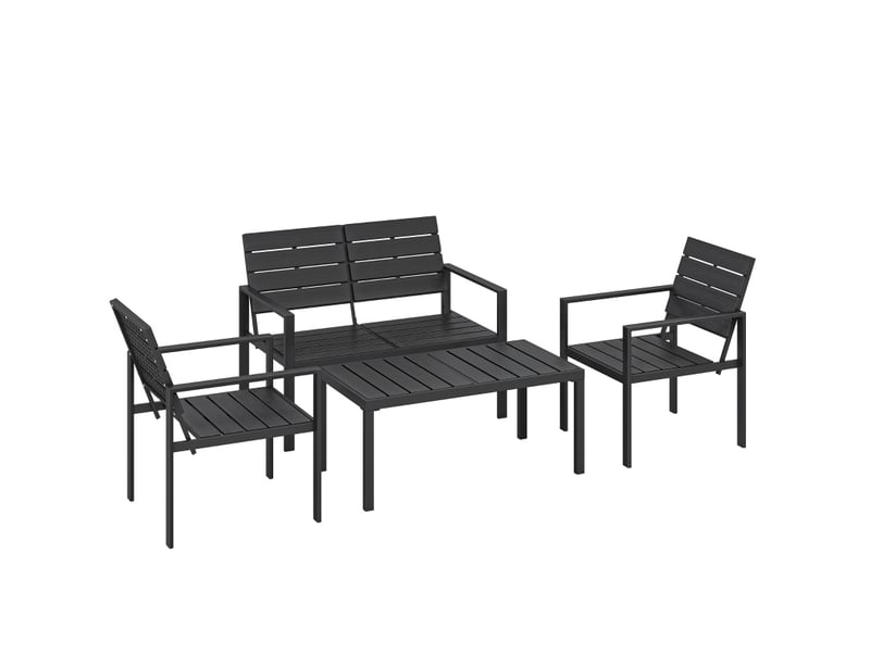  Salon de jardin 4 places noir en métal avec canapé 2 places, 2 fauteuils et table basse  - Conforama A