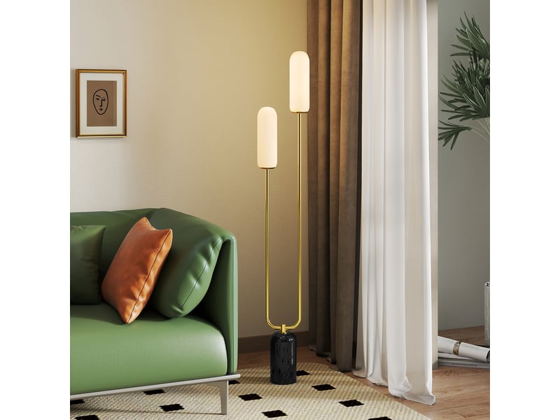  Lampadaire sur pied de salon lampe sur pied avec 2 abat-jours en verre, base en marbre et interrupteur à pied, blanc  - Conforama D