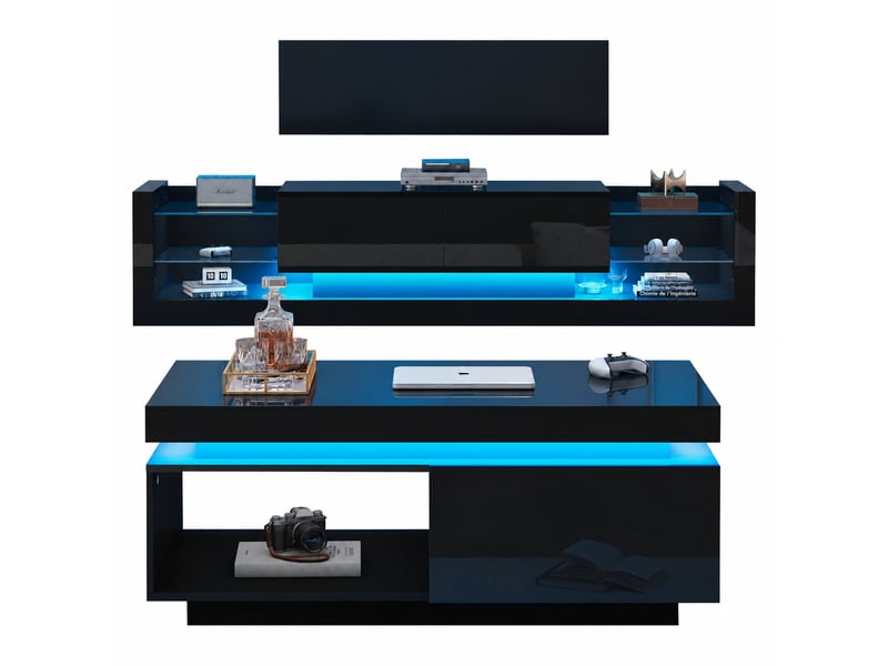 Ensemble meuble tv mural et table basse noir brillant avec led, meuble tv 181 cm pour écran jusqu’à 80 pouces, noir - Conforama A