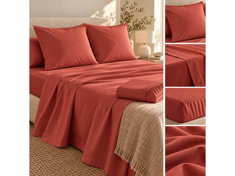  Ensemble literie 4 pièces drap plat 240 x 300 cm + drap housse 140x190 cm + 2 taies 63x63 cm percale 78 fils terracotta  - Conforama B
