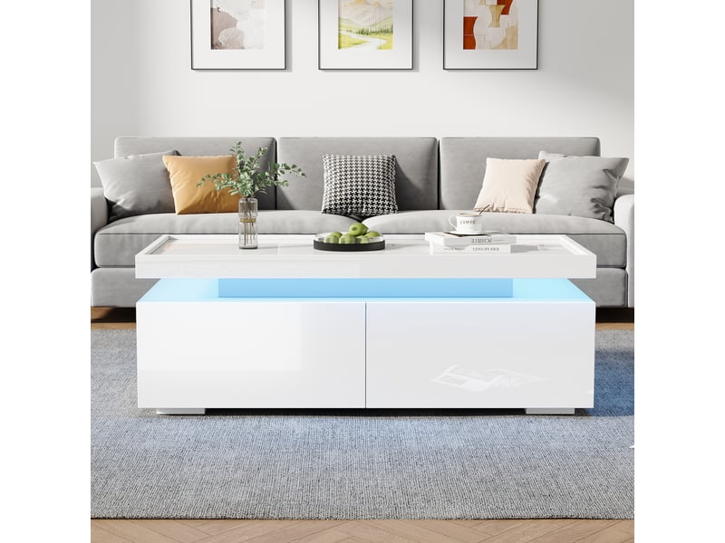  Table basse blanche brillante 95x45x35 cm, table de salon avec led et 2 tiroirs, design moderne  - Conforama E