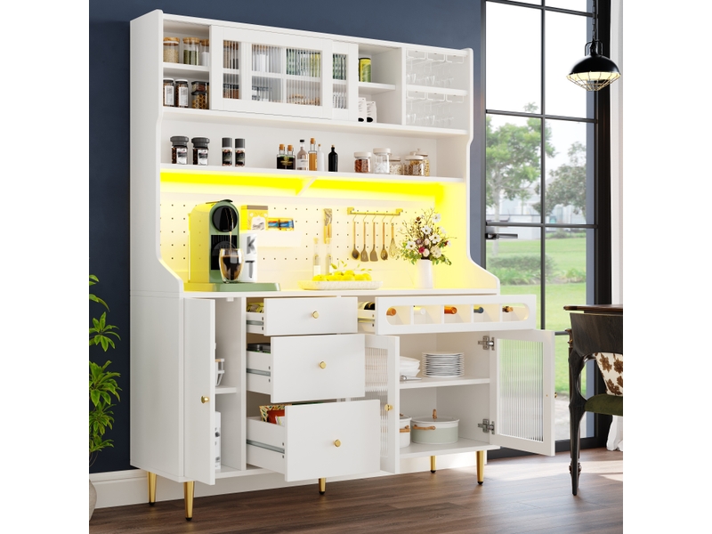 Buffet de cuisine-buffet haut led avec cave à vin et portes vitrées - vaisselier moderne avec étagères réglables 145x39x171cm-blanc - Conforama C