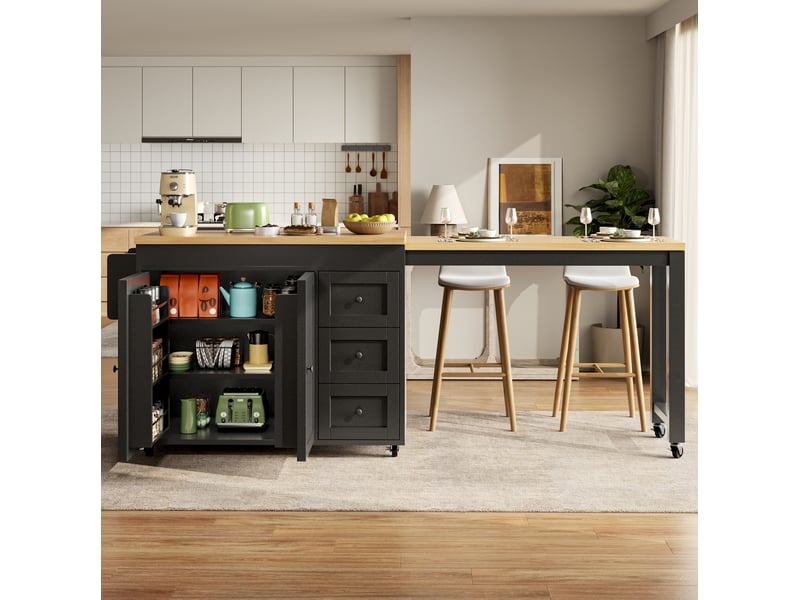  Desserte de cuisine extensible avec 3 tiroirs, 2 portes, étagères et roulettes freinées, noire, 116 × 45 × 89 cm  - Conforama E