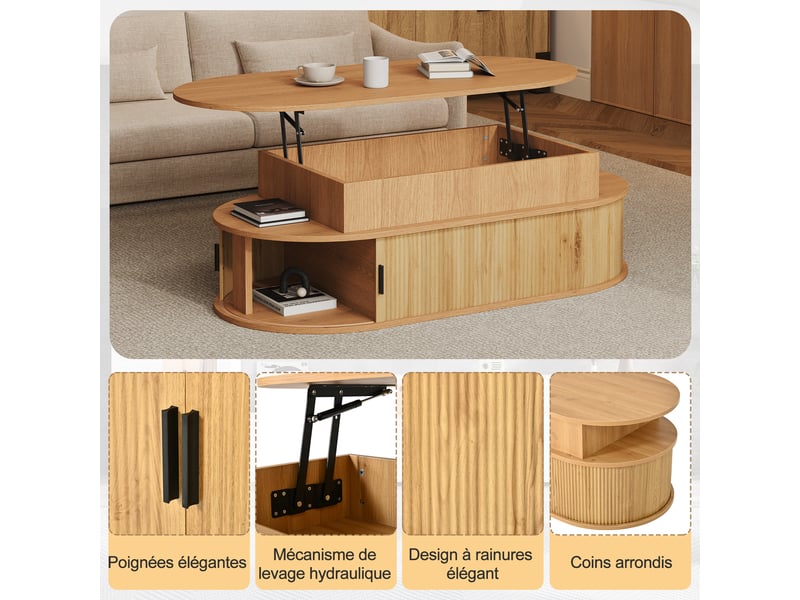  Table basse ovale relevable 100 × 50 × 40 cm table d'appoint salon en bois avec rangement dissimulé 2 portes enroulables, naturel  - Conforama W