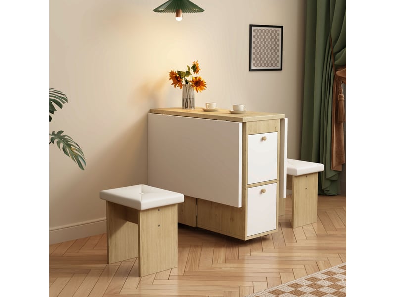  Ensemble table à manger avec 4 chaises, table rabattable et extensible 120 x 80 x 75 cm, blanc et effet chêne  - Conforama R