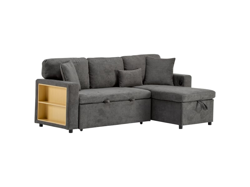  Canapé-lit 214.0x131.0x87.0 cm usb, rangement en flanelle gris foncé  - Conforama A