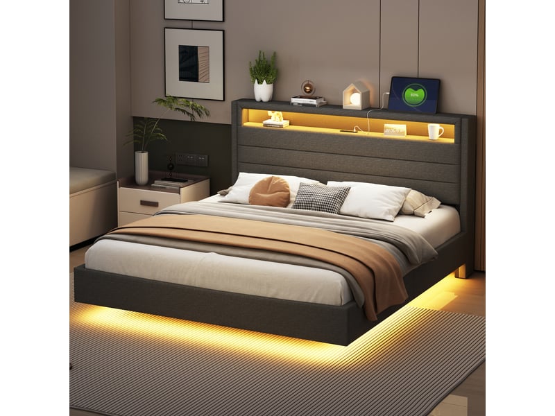  Lit capitonné gris avec led multicolore, port usb, tête réglable et rangement intégré pour chambre  - Conforama E