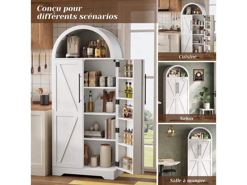  Buffet haut blanc avec niches ouvertes, portes à motif x et rangement pour bouteilles, 70 x 40 x 165 cm  - Conforama D