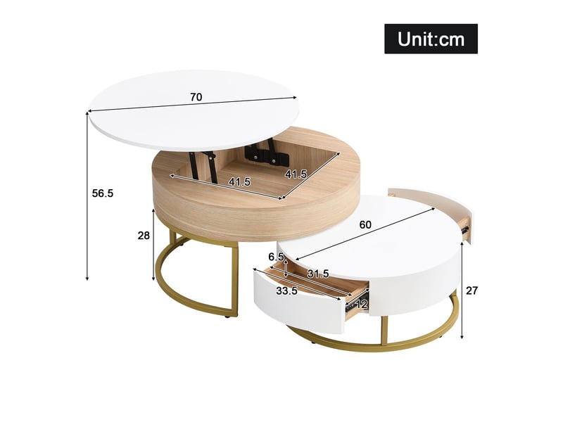  Table basse 70x70x40-56,5 cm, design doré blanc bois table basse salon, plateau relevable, deux tiroirs, rangement intégré, ensemble gigogne  - Conforama C