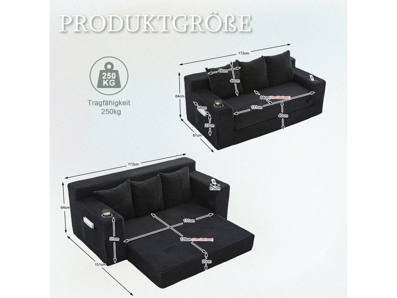 Canape droit 3 places, sans structure rigide en velours côtelé, porte-gobelets et poches, 172 × 87 × 64 cm, noir YXY-0915-1 - Conforama C