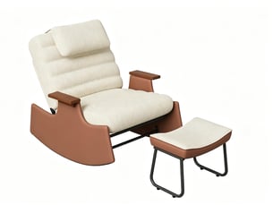 Fauteuil à bascule en laine d'agneau beige – avec repose-pieds – dossier réglable en trois positions – coussin d'assise épais – design ergonomique