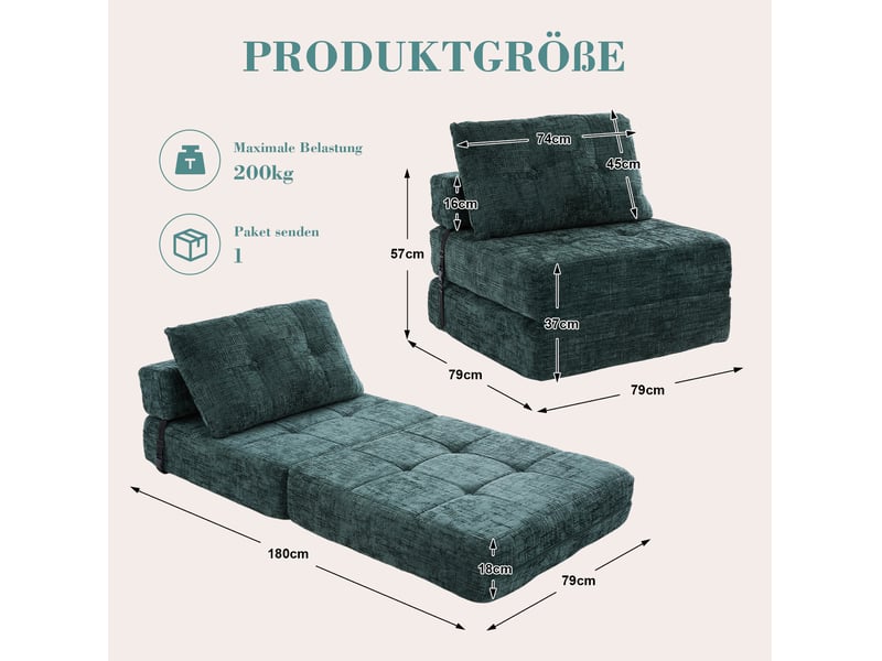  Canapé droit convertible 1 place en tissu vert foncé, avec coussins tête et lombaires pour petits espaces  - Conforama C