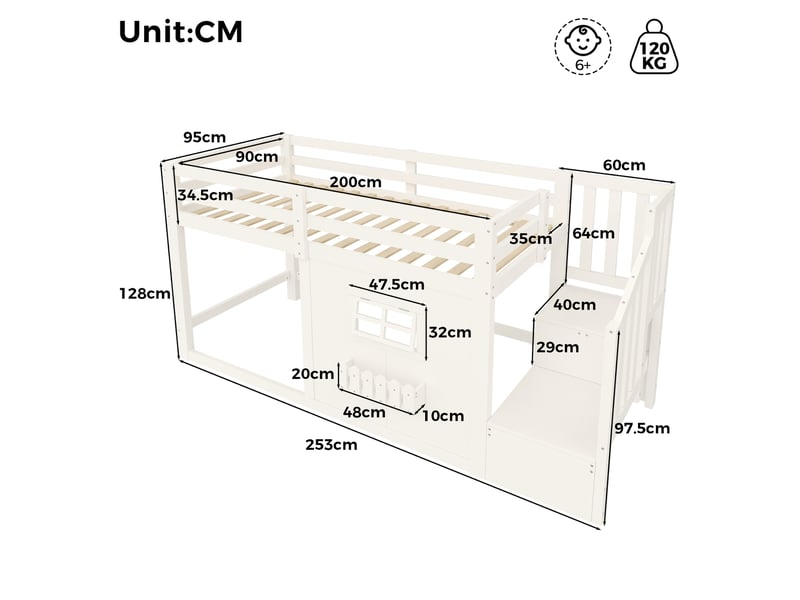  Lit mezzanine enfant 90 × 200 cm 1 place avec escalier de rangement et led réglable, sans matelas, blanc  - Conforama D