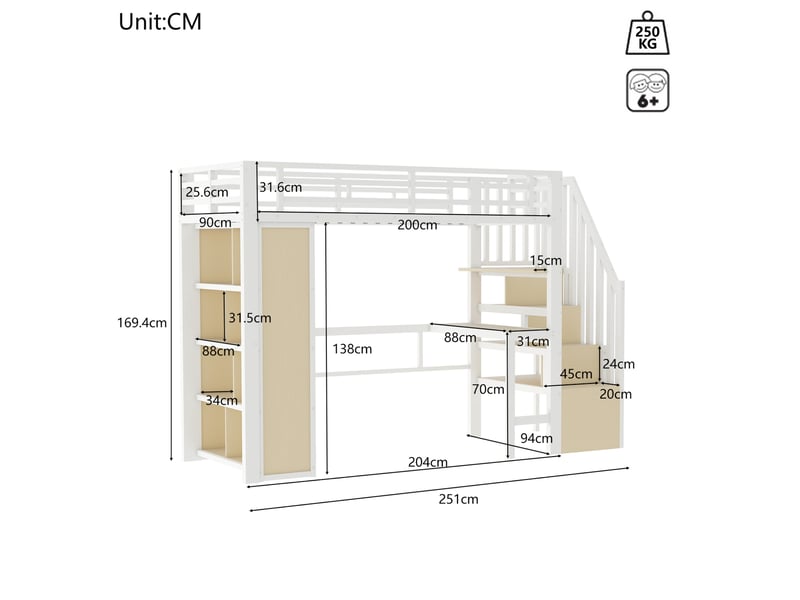  Lit mezzanine 90x200 cm avec bureau, rangements et led blanc  - Conforama C