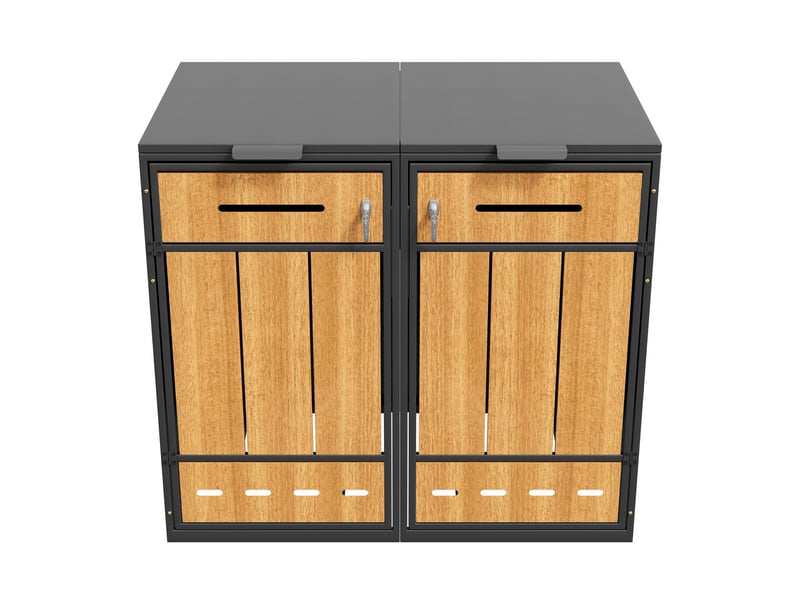 Abri poubelle double avec 2 compartiments, couvercle rabattable et portes avant - en acier gris effet bois - Conforama A