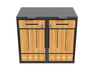 Abri poubelle double avec 2 compartiments, couvercle rabattable et portes avant - en acier gris effet bois