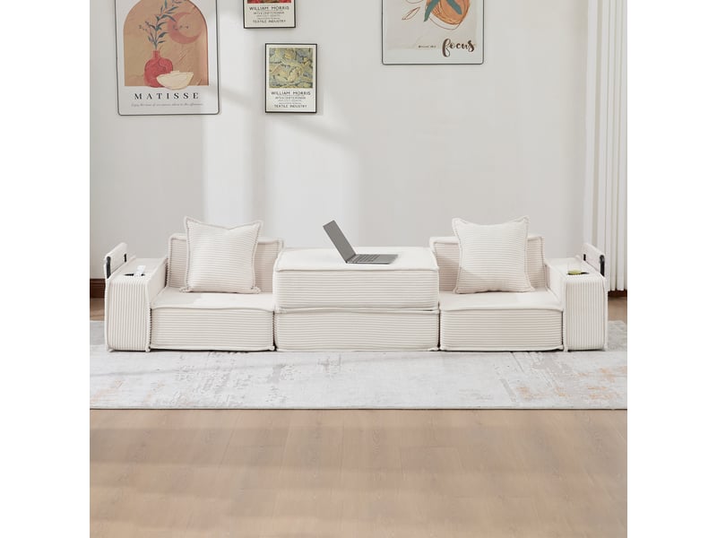  Canapé droit modulable 2 places en velours côtelé beige, 2 coussins, 162 cm Fay Lum - Conforama E