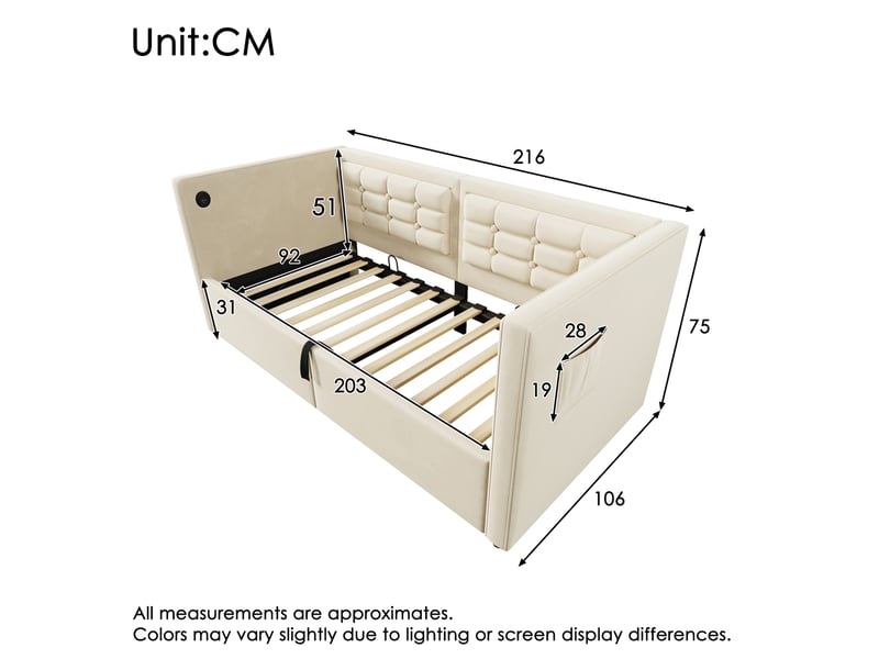  Modenvie lit banquette coffre 90x200 cm - rangement hydraulique, ports usb et usb-c, sans matelas - beige  - Conforama C