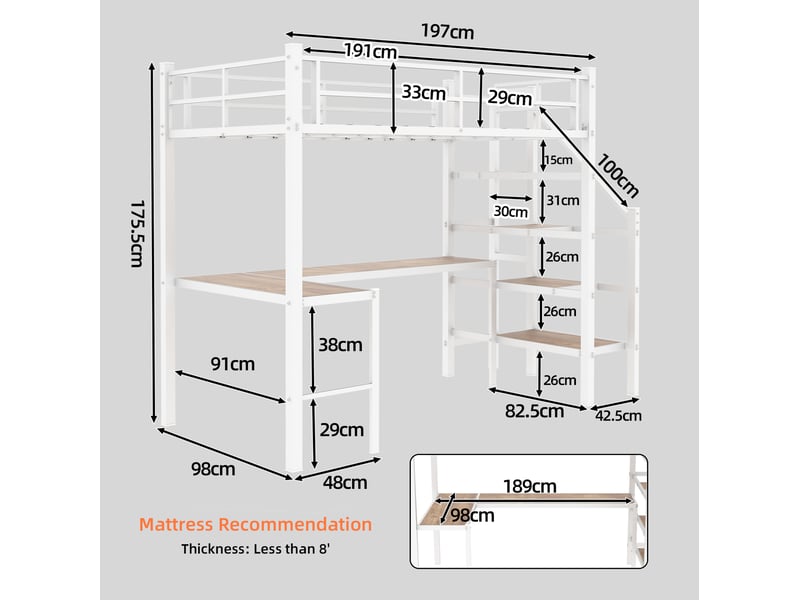 Lit mezzanine avec bureau et rangement en fer blanc - Conforama E
