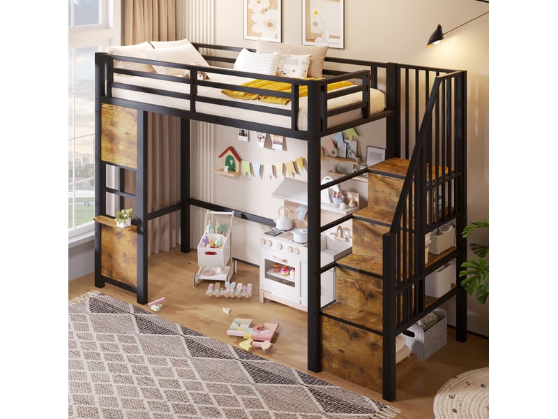 Lit mezzanine enfant 90 × 200 cm 1 place avec escalier de rangement et étagères, sans matelas, métal mdf noir  - Conforama B