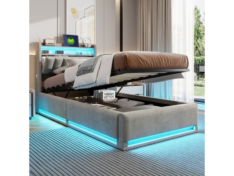  Lit coffre 90 x 200 cm avec led-lit simple rembourré 90x200 cm- ports usb- lit adulte de rangement -lit ado-velours- gris  - Conforama D
