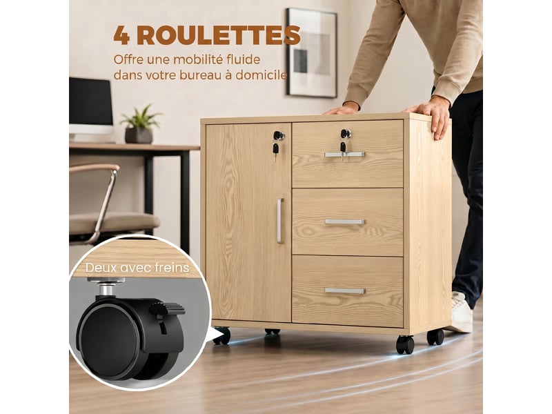  Caisson bureau meuble de rangement verrouillable avec 3 tiroirs et étagère réglable, roulettes, marron clair, 40 x 60 x 56 cm  - Conforama W
