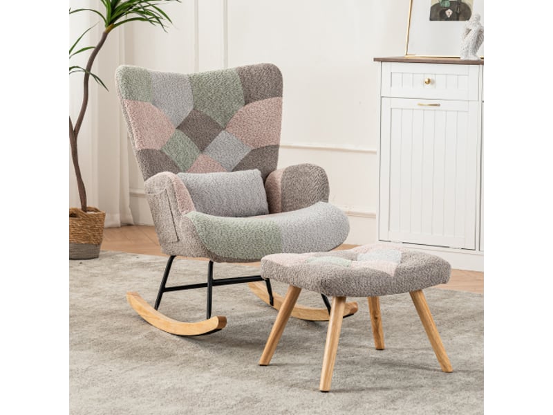  Fauteuil à bascule coloré 93cm haut avec repose-pieds (49x38x37cm) et 1 coussin lombaire,cadre robuste en bois d'hévéa,chaise longue  - Conforama B