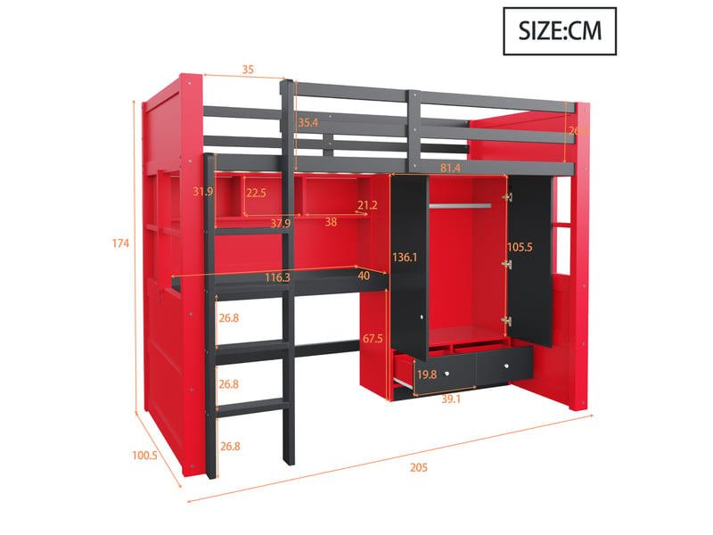  Lit mezzanine 90 × 200 cm avec bureau, armoire, tiroirs, rangements et échelle, style gaming noir et rouge  - Conforama E